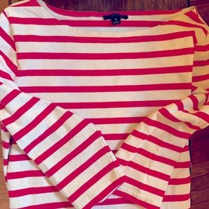 Boatneck 3/4 length sleeve white & hot pink stripe